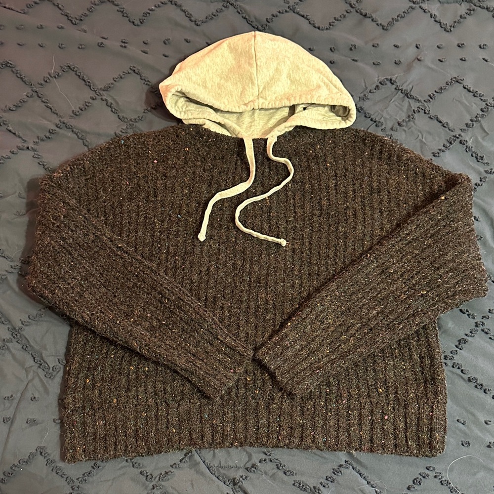 Women's Brown Knit Hoodie with Cream Hood